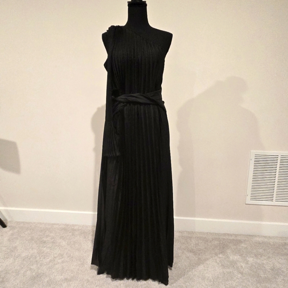 One Shoulder Black Pleated Dress